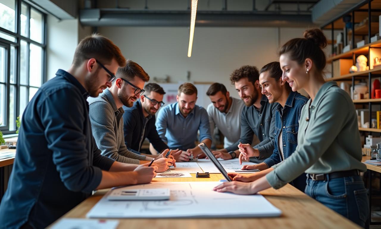 Team of designers and engineers collaborating in a modern, well-lit industrial design workshop, sketching and discussing a prototype concept.